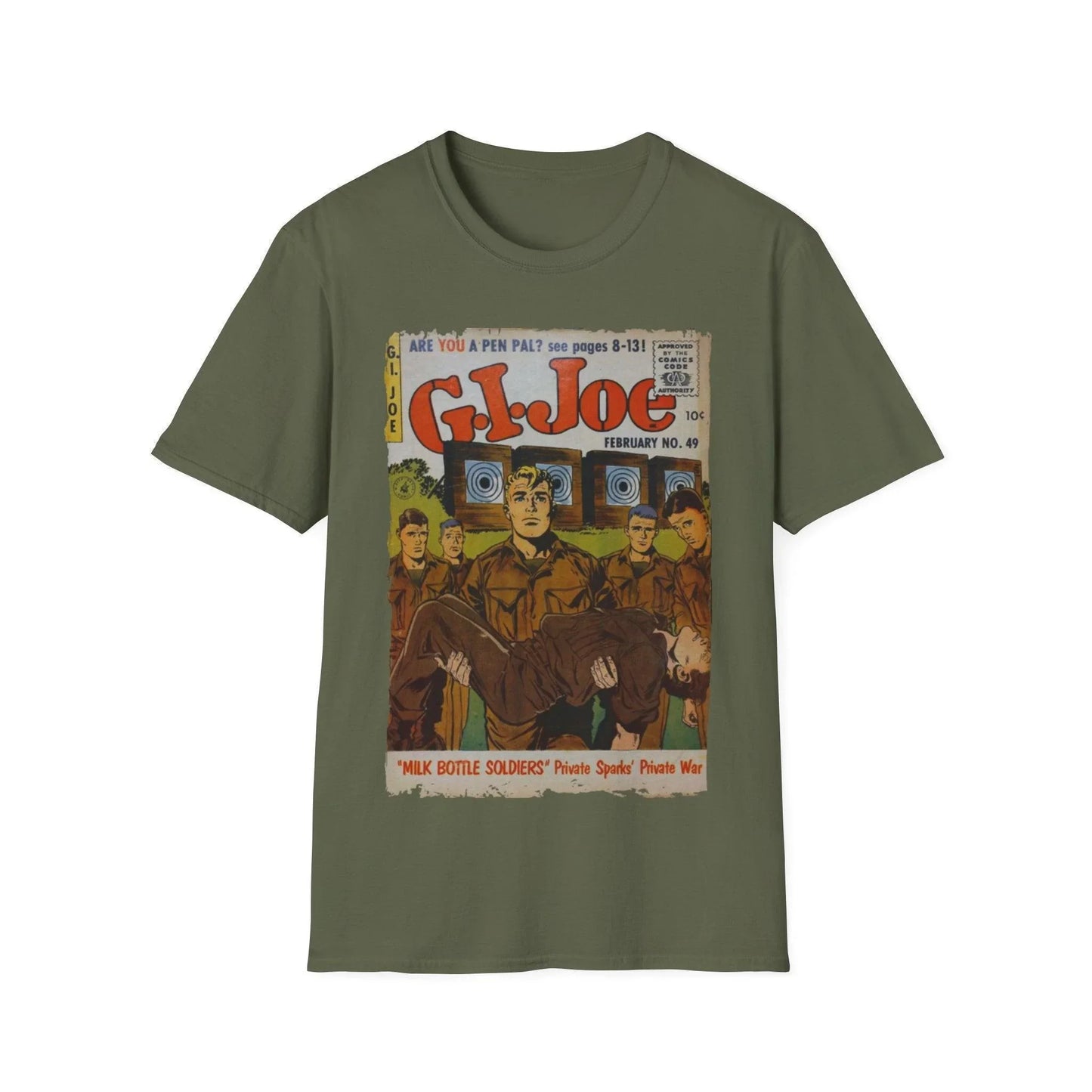 Close-up of the G.I. Joe No.49 softstyle T-shirt's fabric showing relaxed fit and navy color with subtle heather texture.