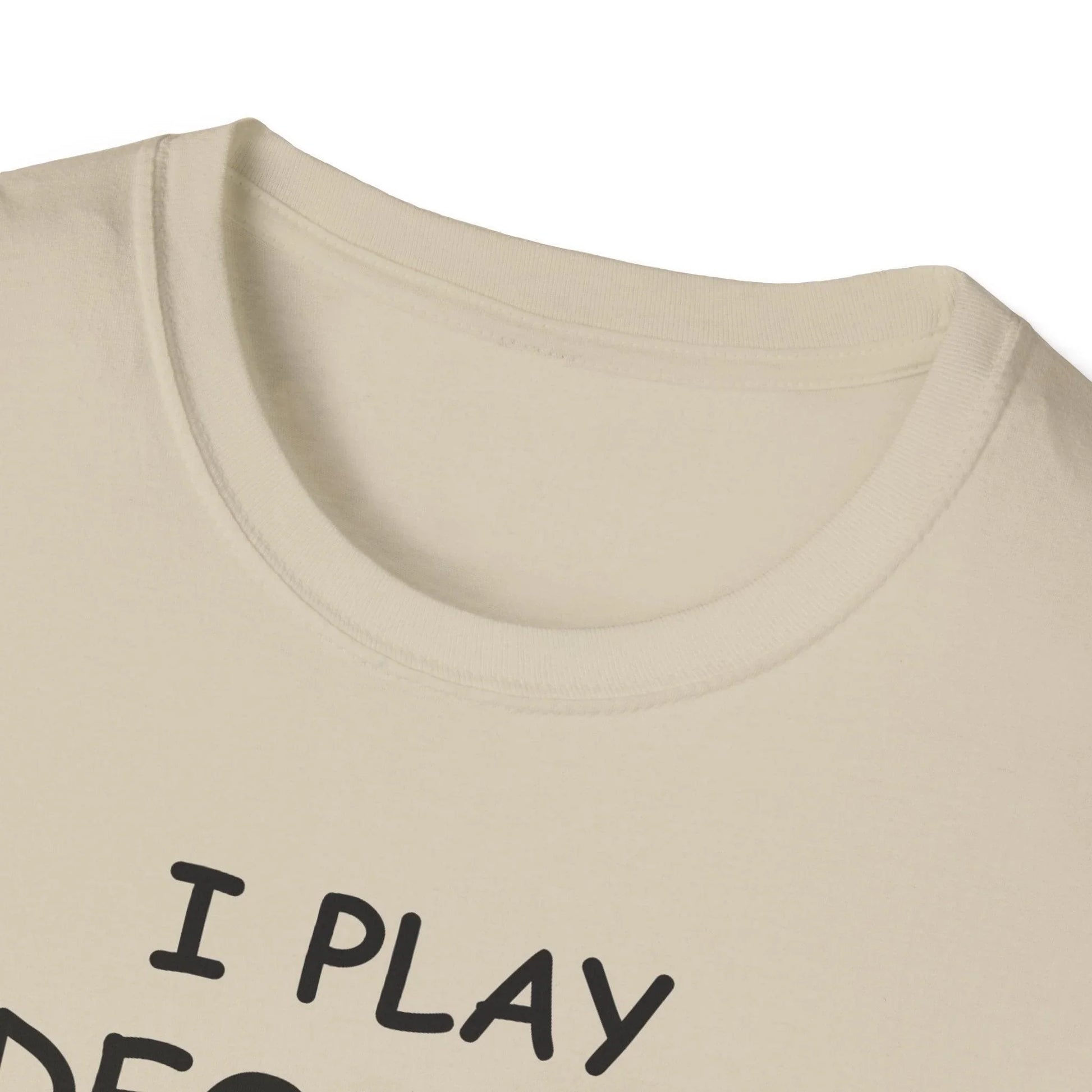 Close-up of the black cotton fabric’s smooth texture and relaxed fit neckline, highlighting the soft, unisex T-shirt’s