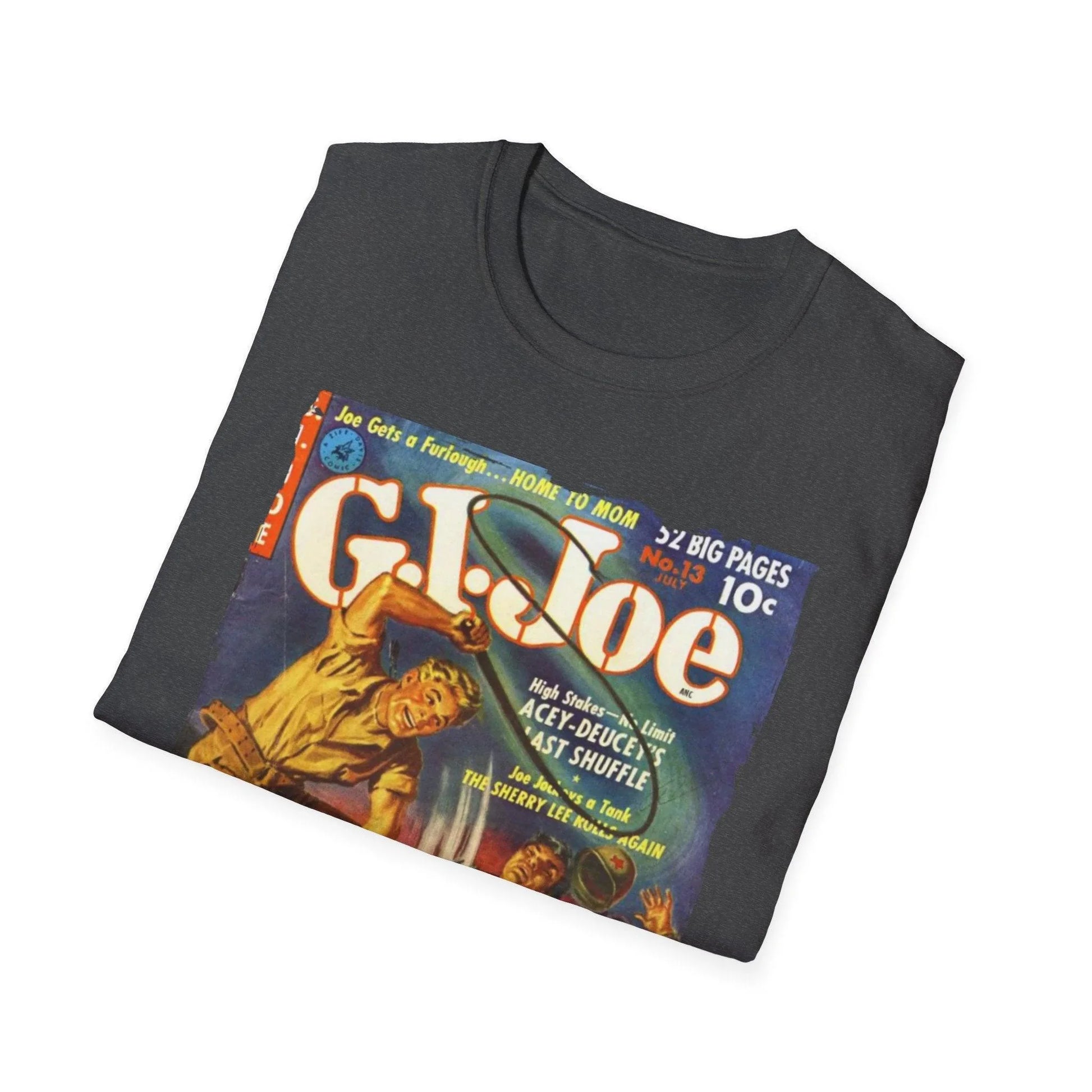 Close-up of the G.I. Joe No.13 July unisex softstyle T-shirt's navy fabric shows smooth knit texture and subtle heather