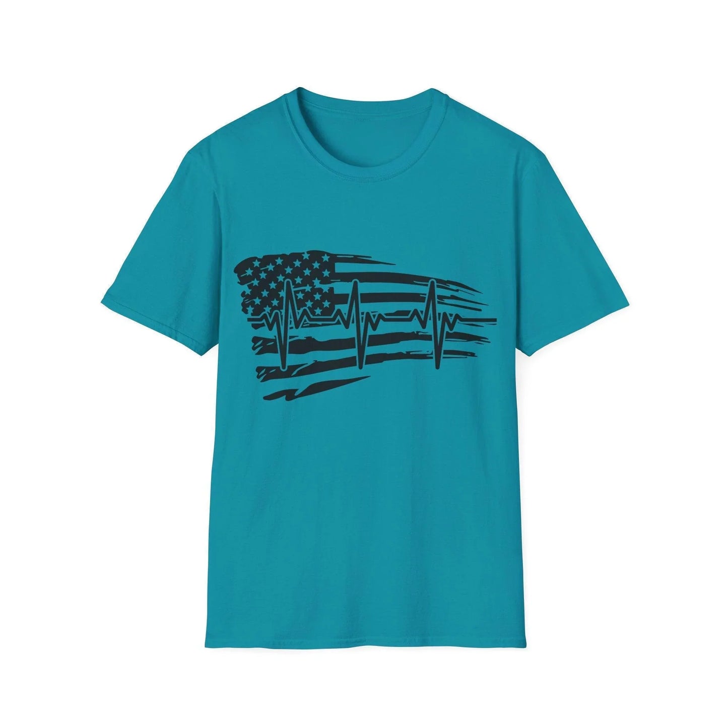 Close-up of the distressed black and white flag heartbeat graphic on the front chest area of the unisex soft-style T-shirt