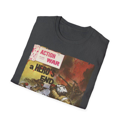 Close-up of the unisex softstyle T-shirt’s printed graphic detail on the chest in heather navy, highlighting vibrant ink and