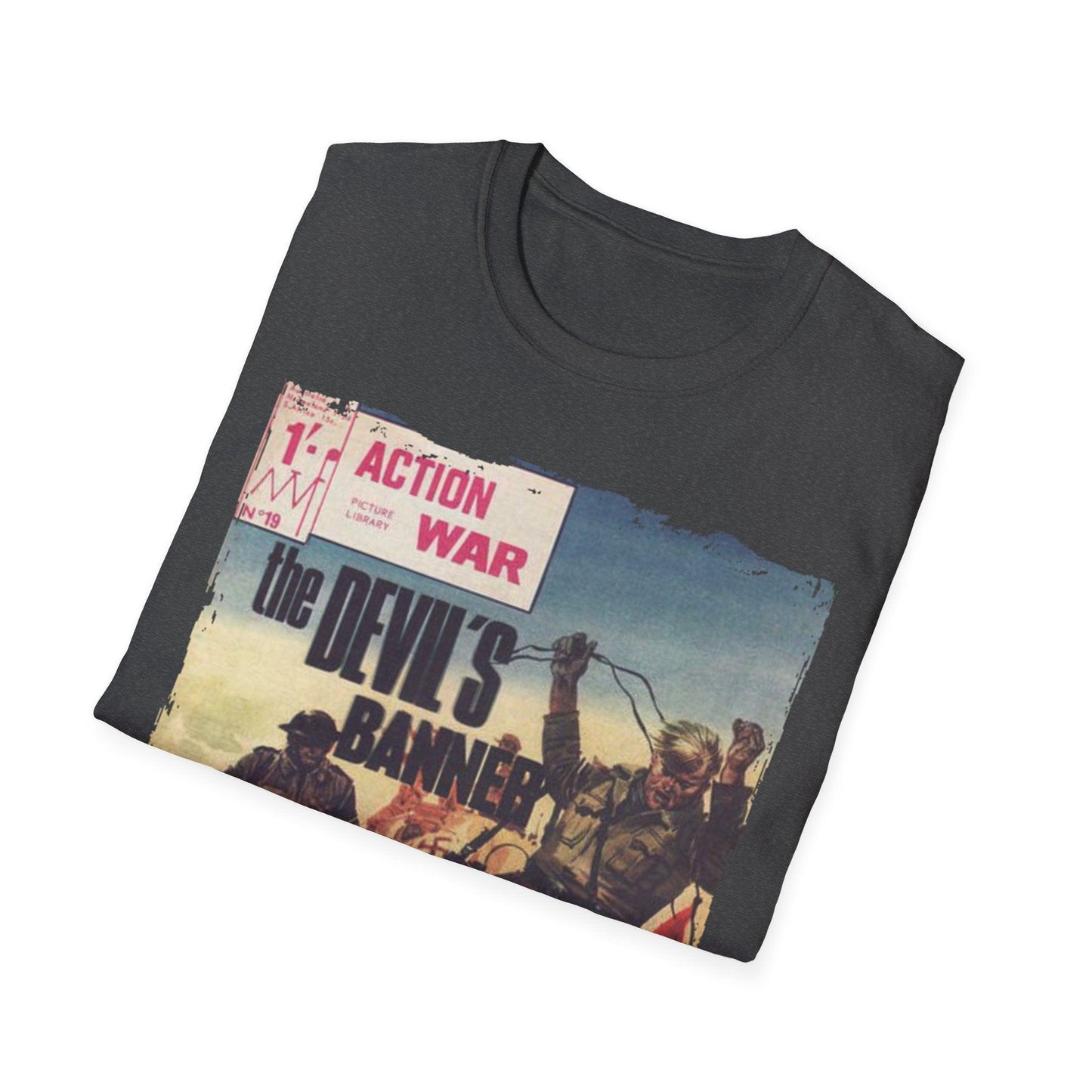 Close-up of the unisex softstyle cotton fabric in deep navy, highlighting smooth texture and relaxed fit sleeve detail.