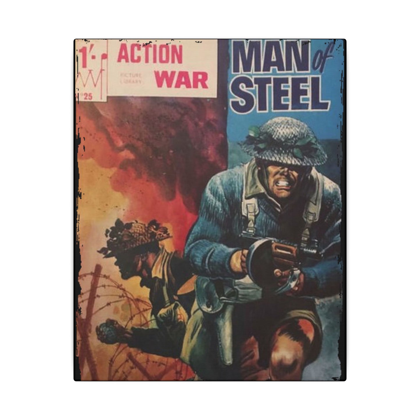 Close-up of the canvas texture with subtle brush strokes and vibrant color details highlighting the layered artwork style.