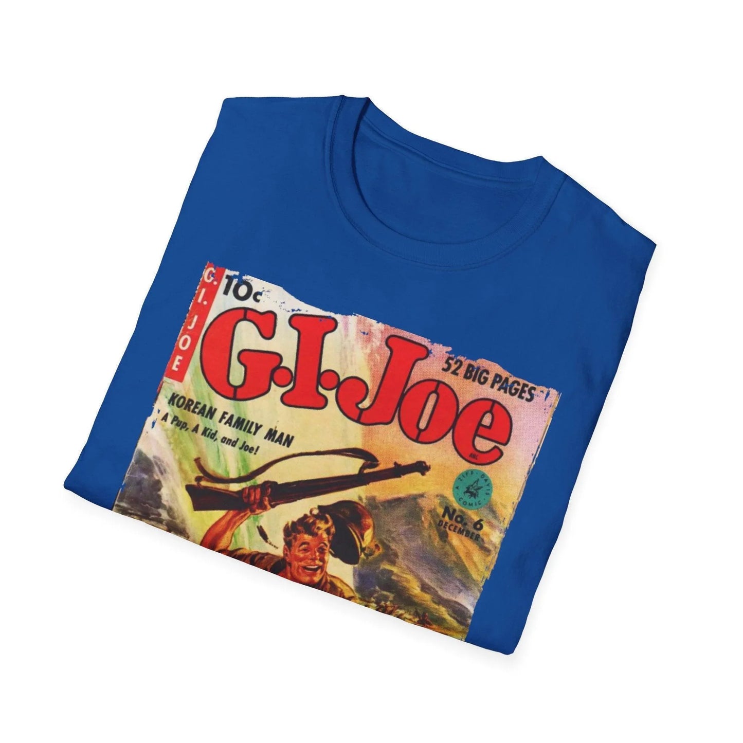 Close-up of the G.I. Joe No.6 softstyle T-shirt fabric showing a smooth, relaxed fit in navy blue with subtle stitching