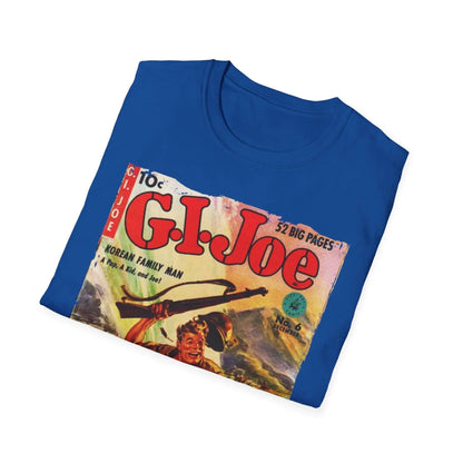 Close-up of the G.I. Joe No.6 softstyle T-shirt fabric showing a smooth, relaxed fit in navy blue with subtle stitching