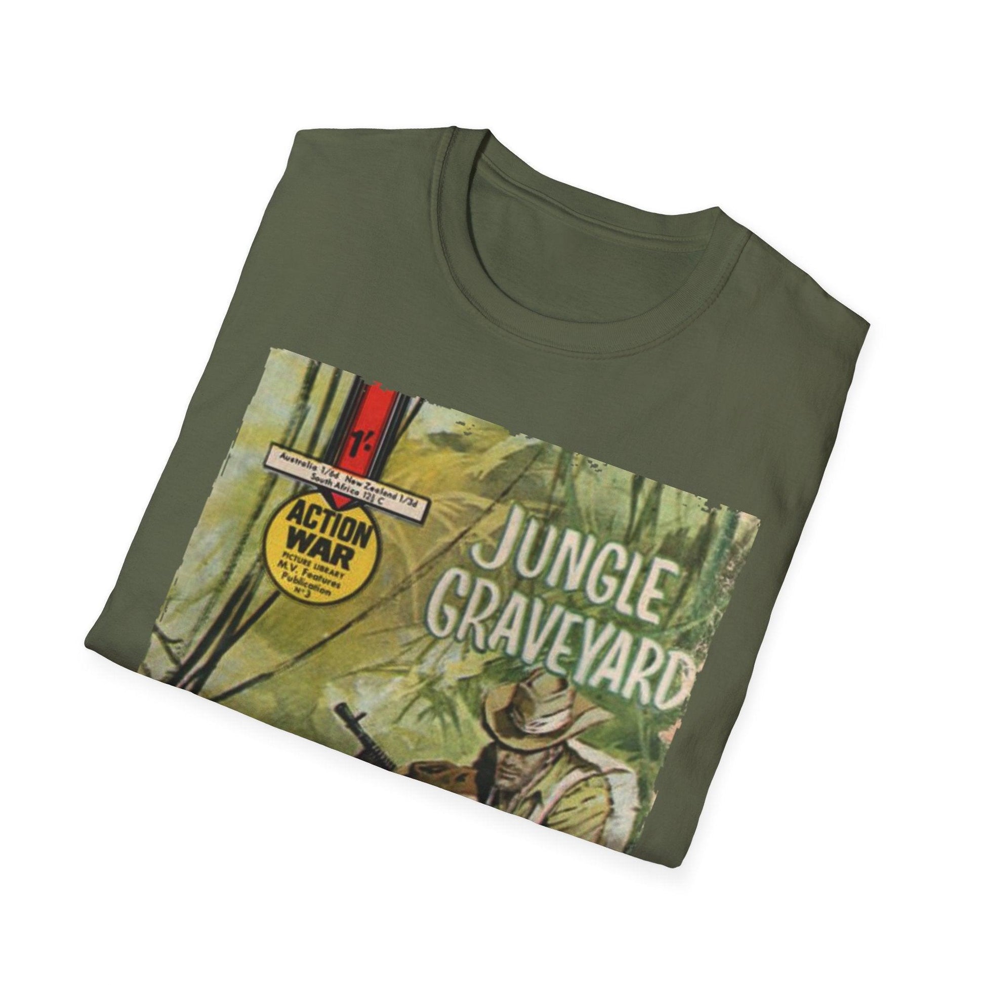 Close-up of the unisex softstyle T-shirt’s relaxed fit and vibrant crimson color highlighting the smooth cotton fabric