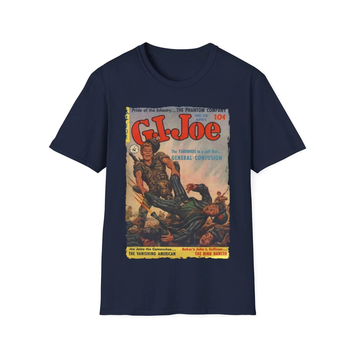 Close-up of the G.I. Joe No.20 softstyle T-shirt's smooth crew neckline and subtle fabric texture in vibrant olive green