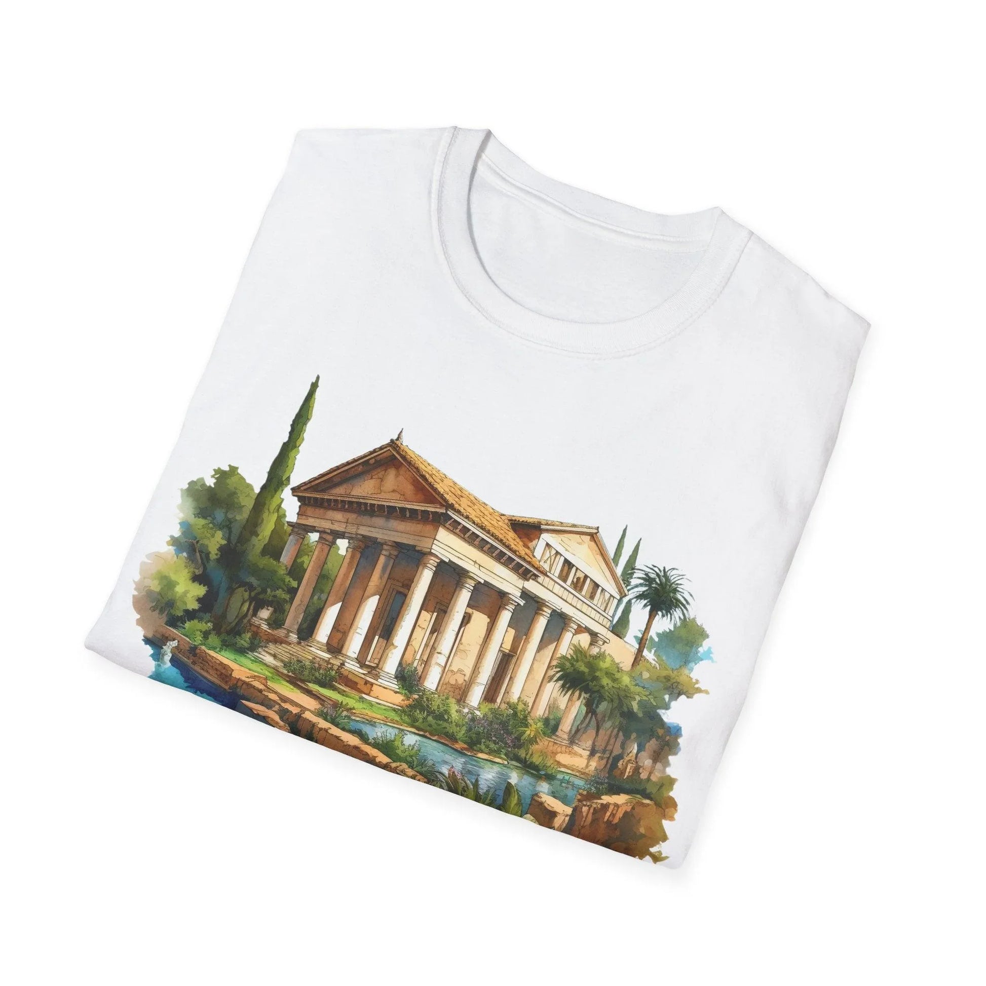 Front neckline detail of the unisex softstyle T-shirt in muted olive, highlighting smooth fabric texture and reinforced