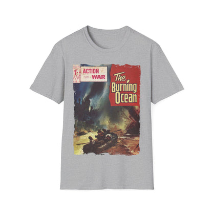 Close-up of the unisex softstyle T-shirt’s fabric weave showing subtle heather pattern and relaxed fit neckline from a