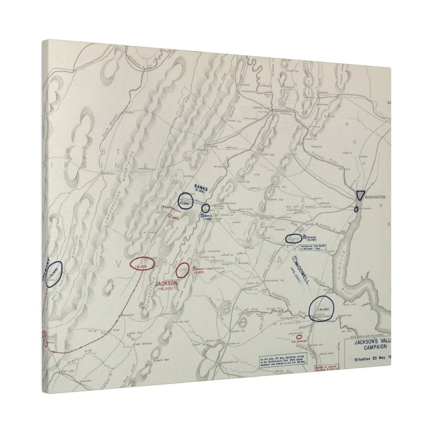 Close-up of canvas texture highlighting aged, faded green color and subtle brushstroke details on the Civil War map.