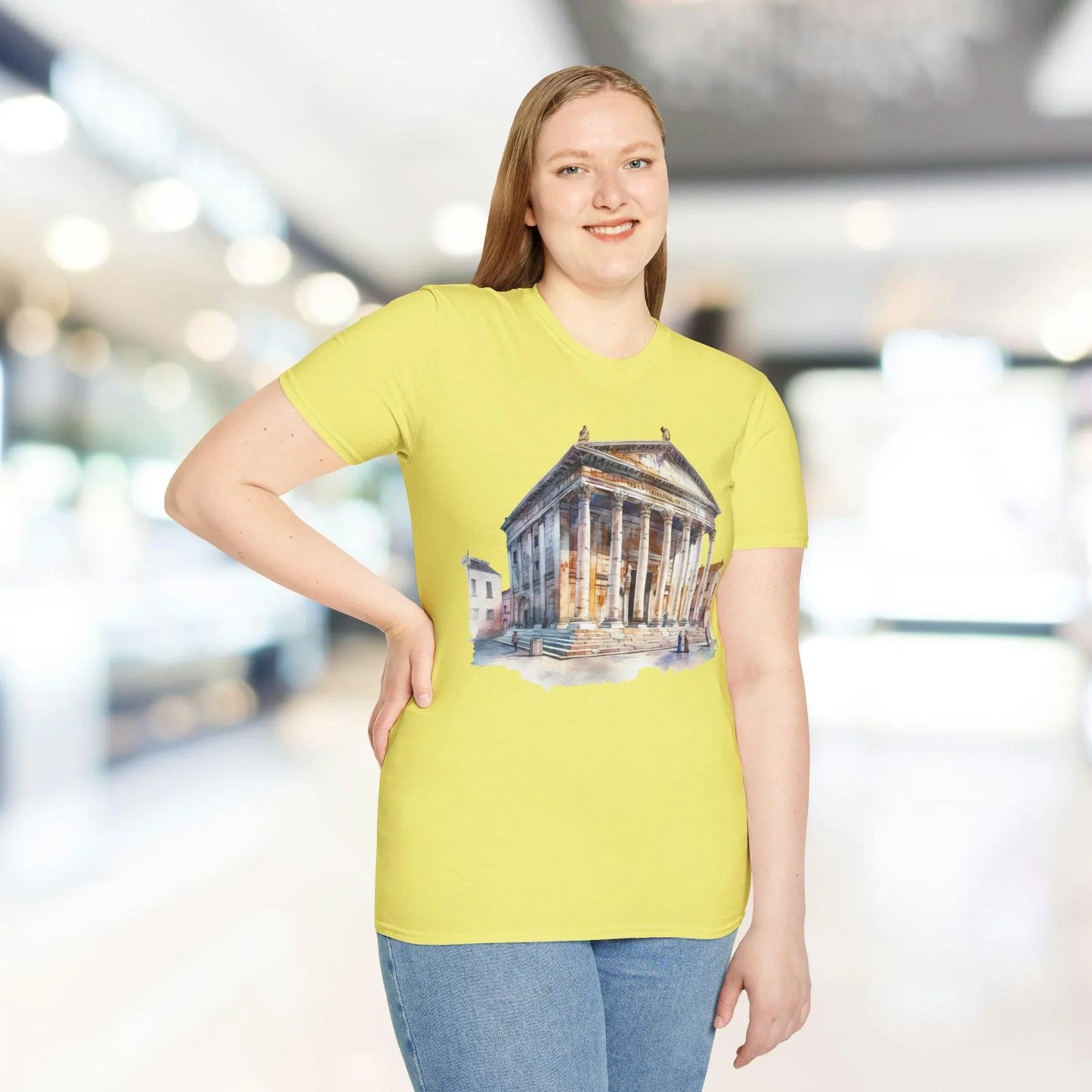 Close-up of the unisex softstyle T-shirt collar displaying smooth neckline stitching and subtle fabric texture in forest