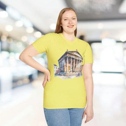 Close-up of the unisex softstyle T-shirt collar displaying smooth neckline stitching and subtle fabric texture in forest