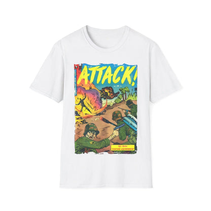 Close-up of the chest print detail showcasing the vintage "Attack! Nov 1952" design on the unisex softstyle T-shirt in