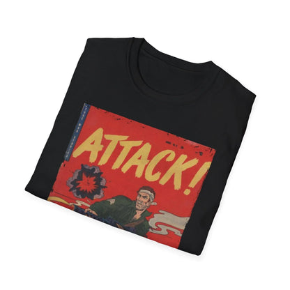 Close-up of the Attack! No. 6 unisex softstyle T-shirt fabric showing smooth black cotton with subtle stitching detail