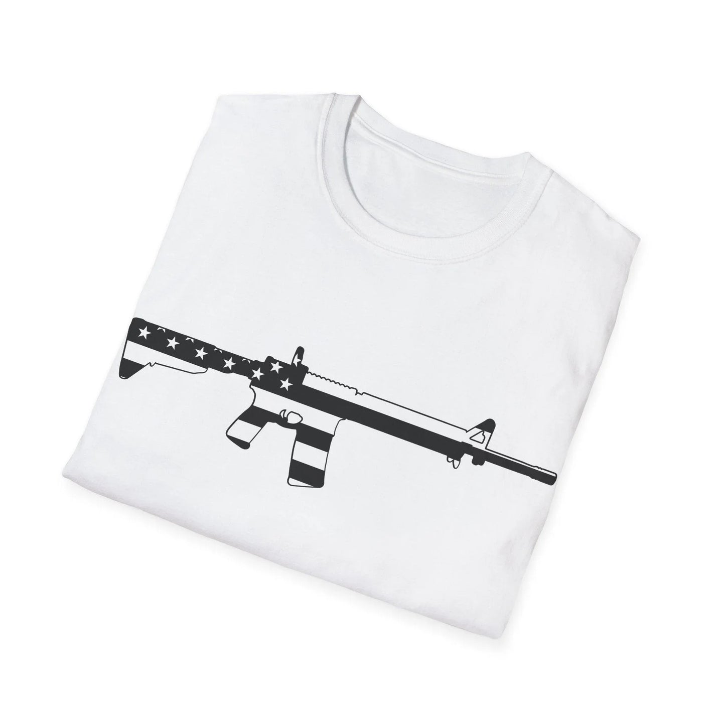 Close-up of the black-and-white American flag eagle graphic centered on the chest of the soft cotton unisex T-shirt with