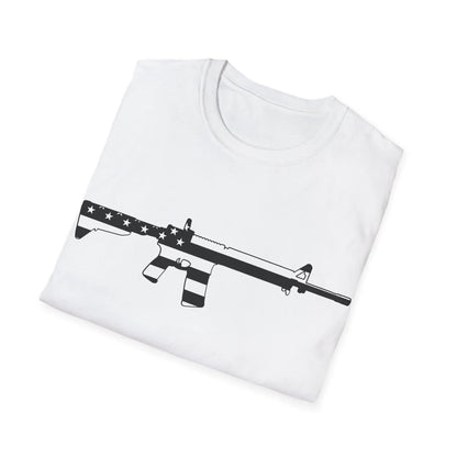 Close-up of the black-and-white American flag eagle graphic centered on the chest of the soft cotton unisex T-shirt with