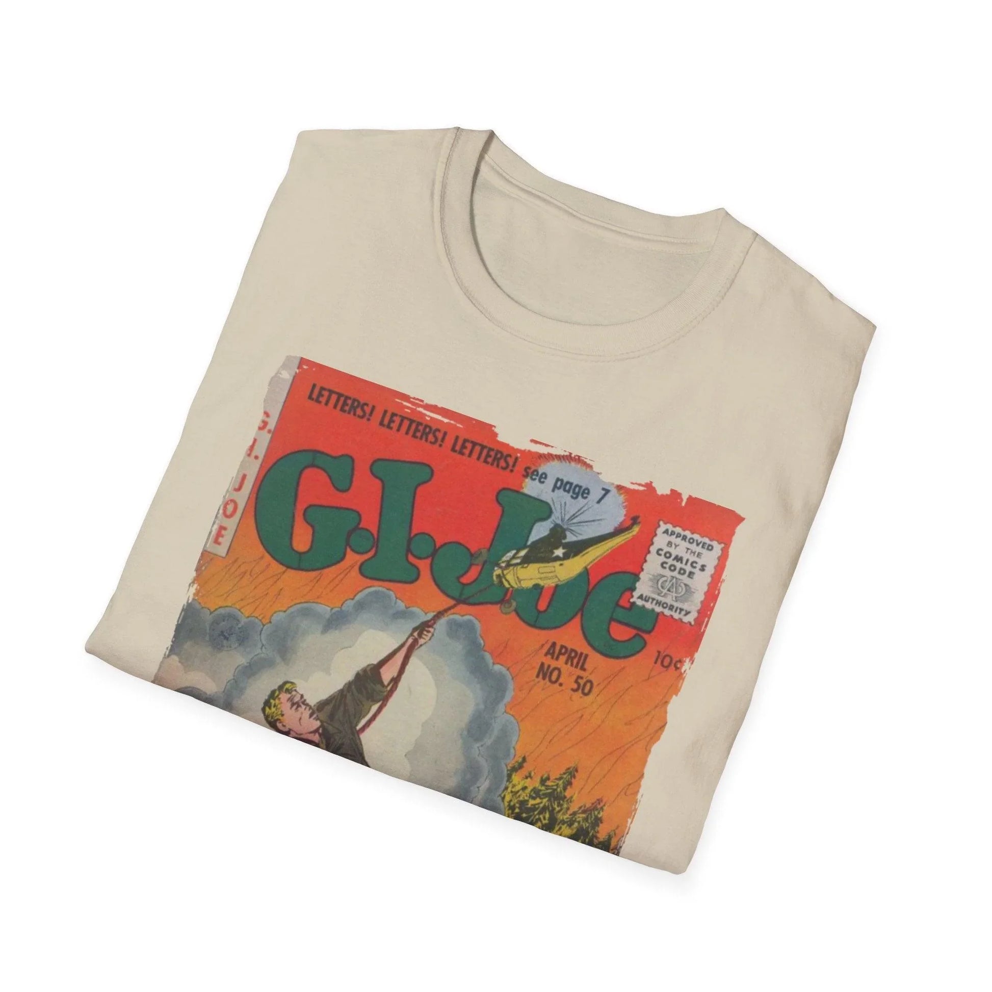 Close-up of the G.I. Joe No.50 T-shirt’s soft cotton fabric textured weave and relaxed fit neckline from a top-down angle.
