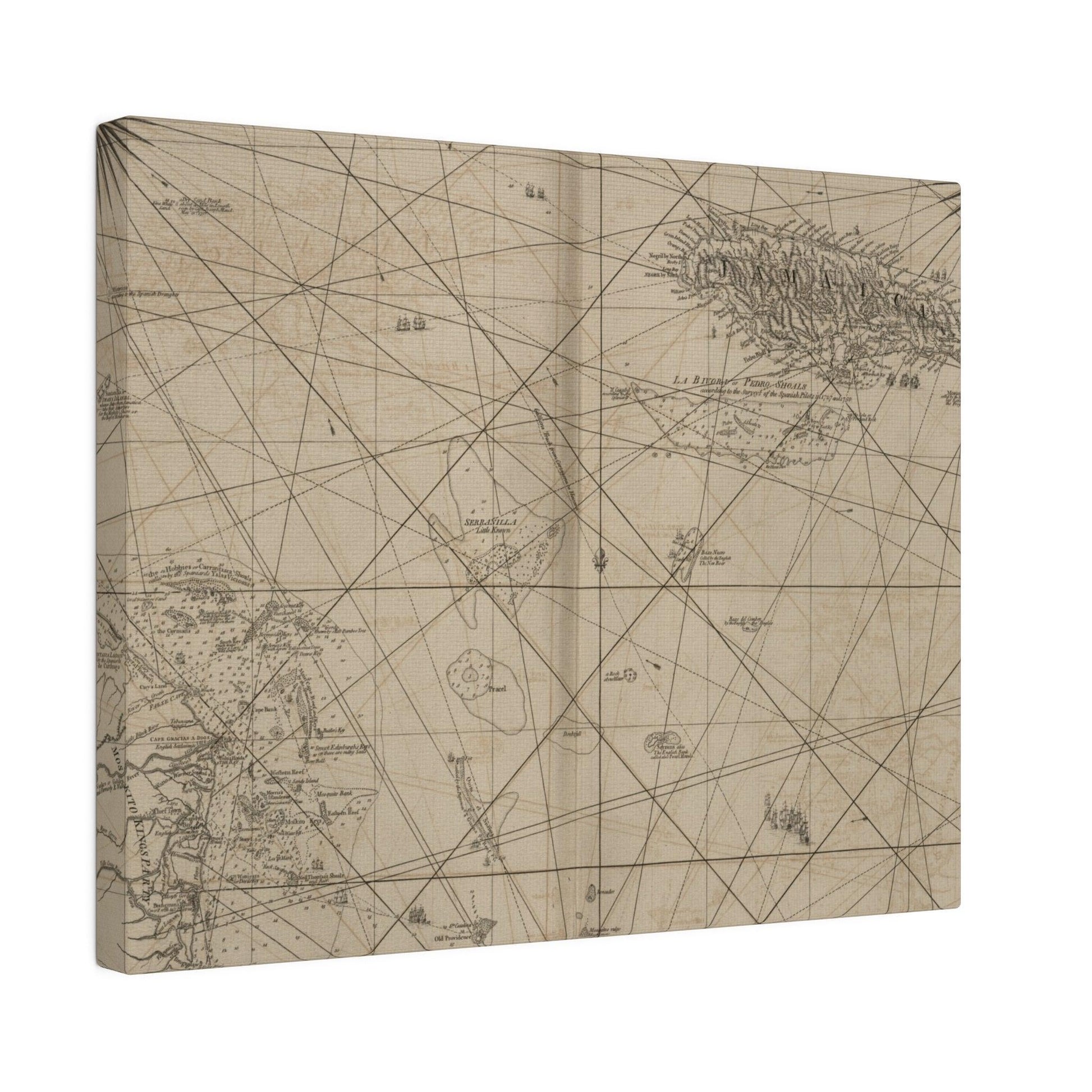 Close-up of vibrant island map detail highlighting Jamaica and Cape Gracias à Ríos with textured canvas surface