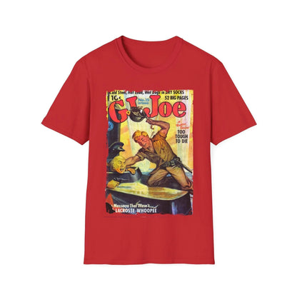 Close-up of the unisex softstyle T-shirt neckline showing reinforced stitching and relaxed fit fabric in vibrant red color.