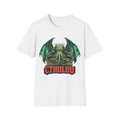 Printify Cthulhu unisex softstyle T-shirt with cotton fabric, crew neck, regular fit, in black with illustrated cosmic