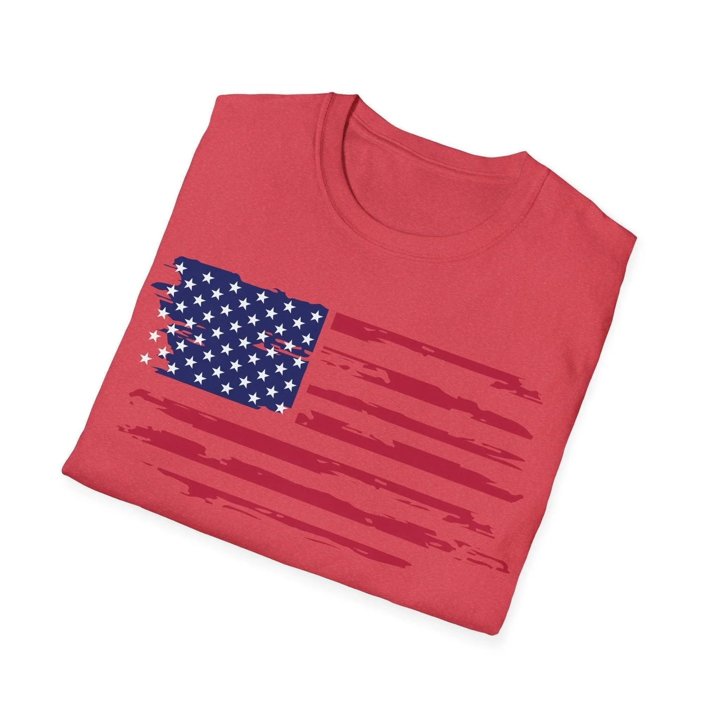 Close-up of distressed American flag pattern on chest, highlighting faded print and vibrant colors on soft cotton fabric.