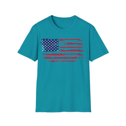 Close-up of distressed American flag pattern on soft cotton fabric highlighting faded edges and vibrant colors from a