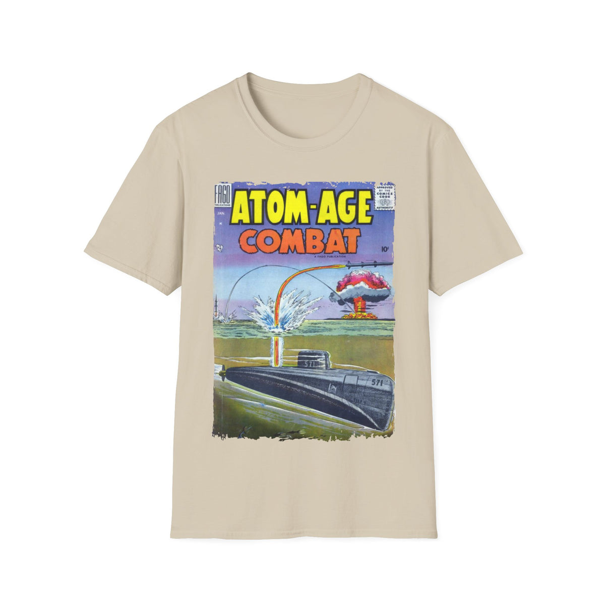 Close-up of the Atom-Age Combat No.2 logo printed on the soft polyester-blend fabric of the unisex T-shirt’s chest area.