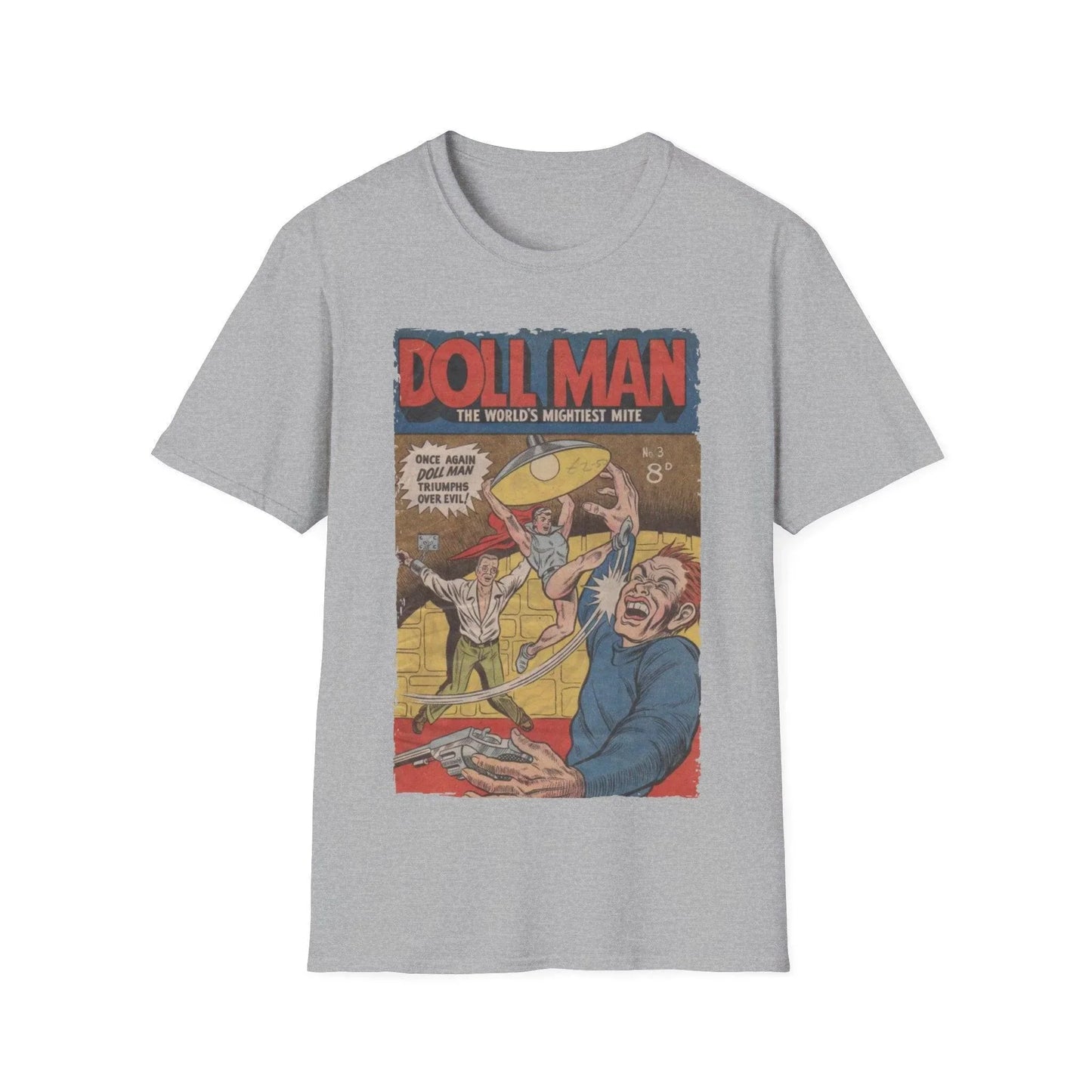 Close-up of the Doll Man No.3 softstyle T-shirt's neckline showing reinforced stitching and smooth fabric texture in vibrant