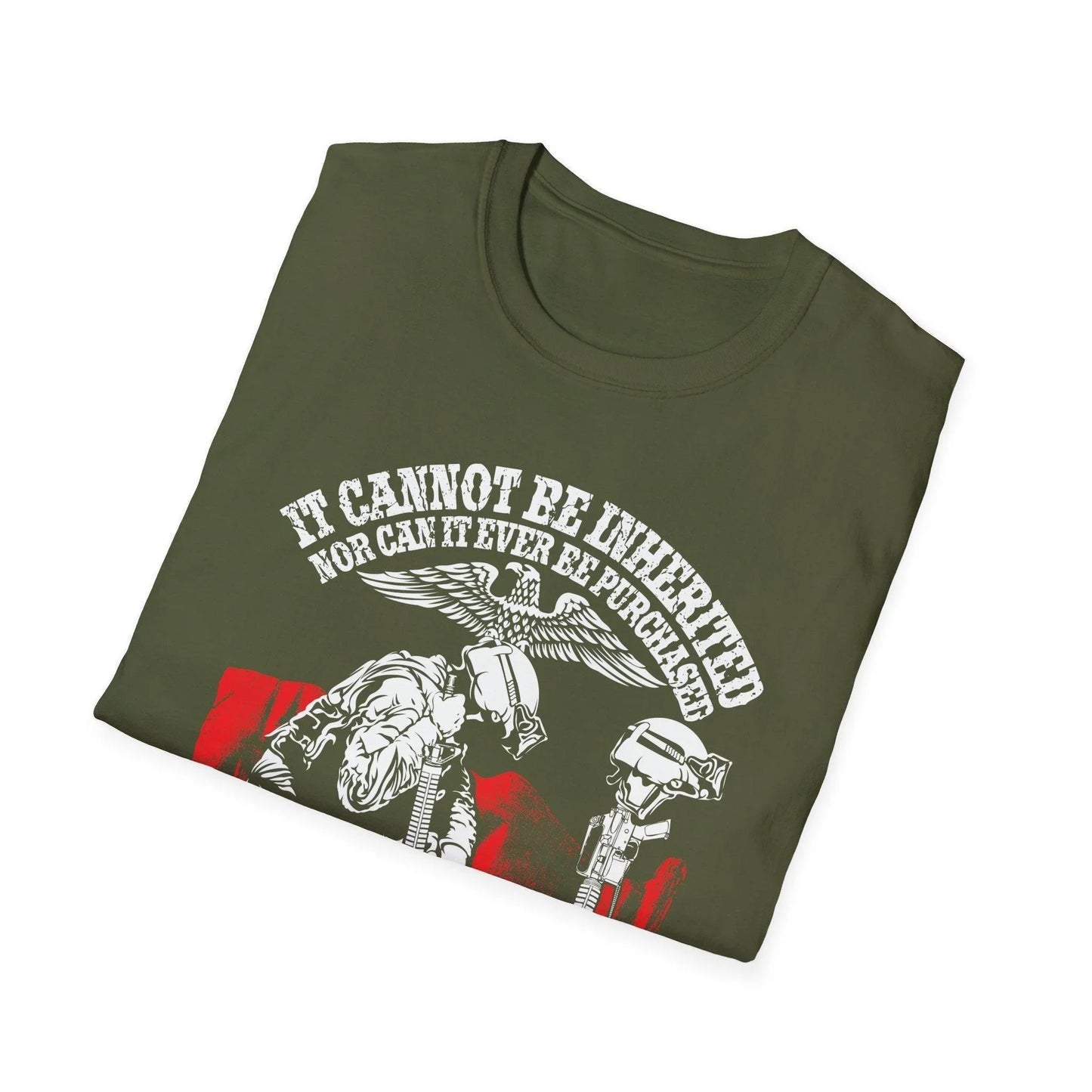 Close-up of the unisex softstyle fabric displaying subtle heather texture and reinforced stitching at the shoulder seam.