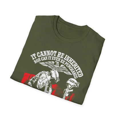 Close-up of the unisex softstyle fabric displaying subtle heather texture and reinforced stitching at the shoulder seam.