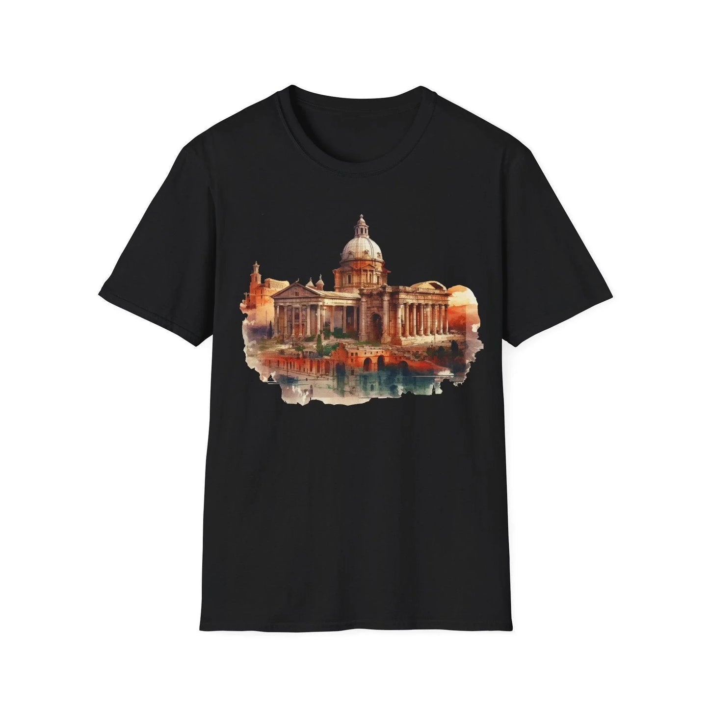 Ancient Bldg 6 unisex softstyle cotton crew neck T-shirt in black, regular fit, DTG printed, with neck labels, Men's and