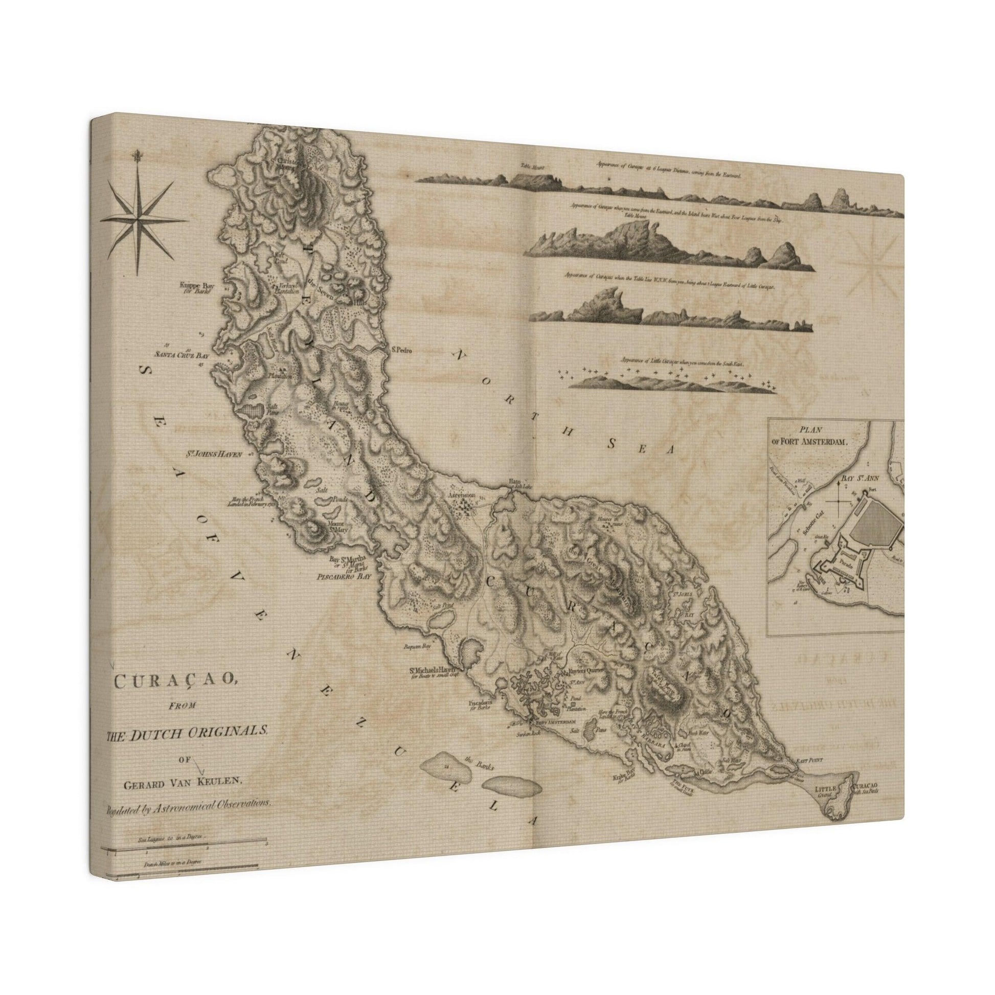 Close-up of Curacao map detail highlighting vibrant blue and orange color palette with textured canvas finish from Dutch