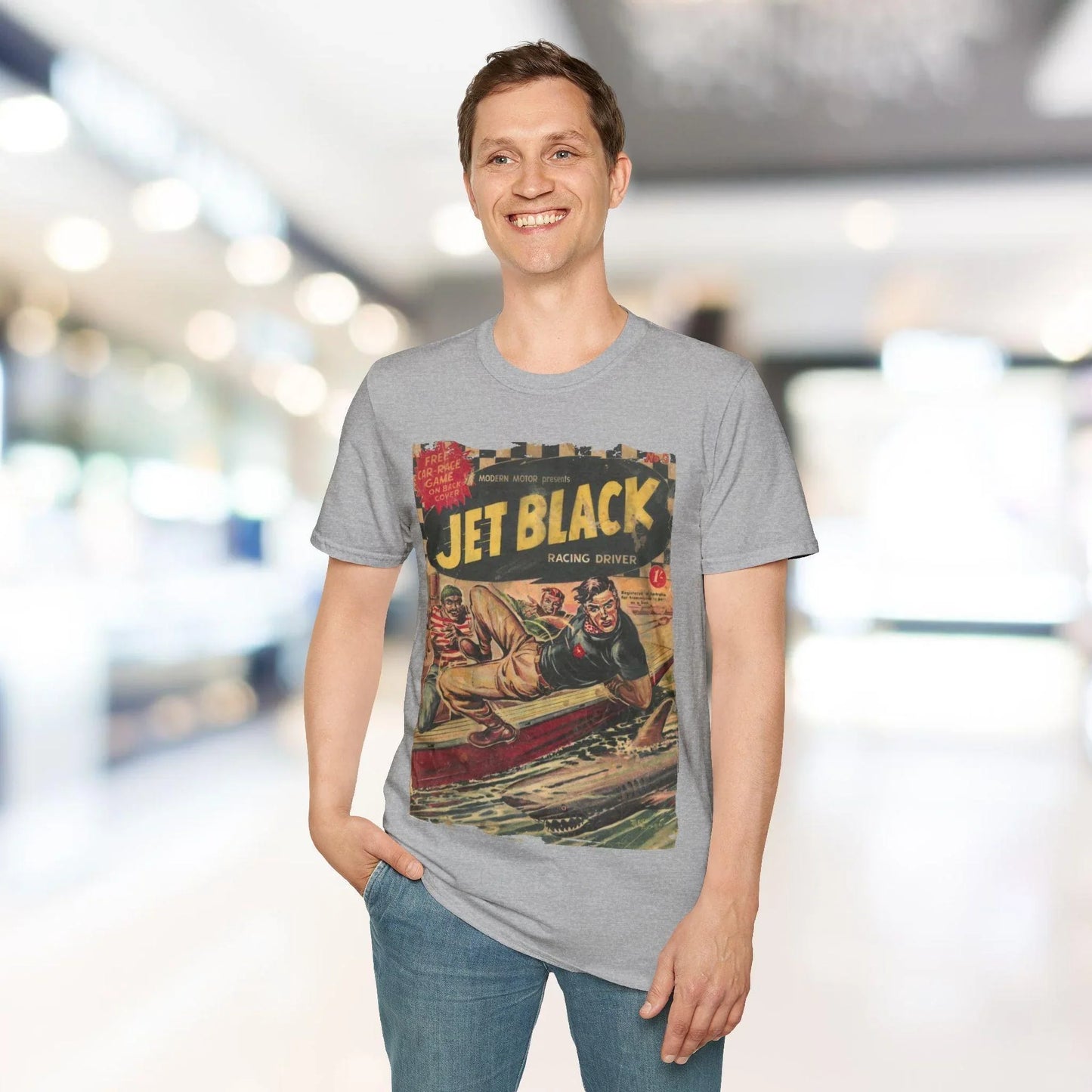 Close-up of the Jet Black No.5 T-Shirt collar showcasing ribbed crew neckline and smooth fabric texture from a front angled
