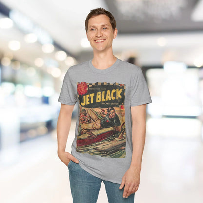 Close-up of the Jet Black No.5 T-Shirt collar showcasing ribbed crew neckline and smooth fabric texture from a front angled