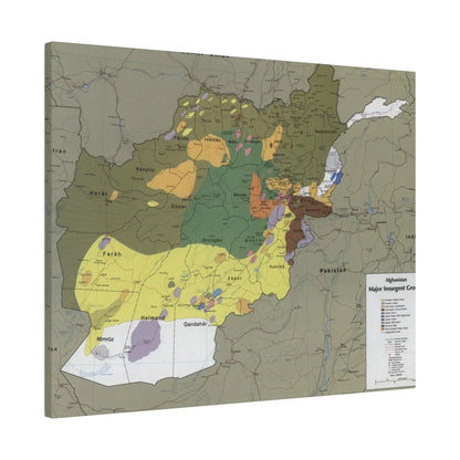 Close-up of detailed map markings and handwritten annotations on the canvas highlighting insurgent group locations from 1985