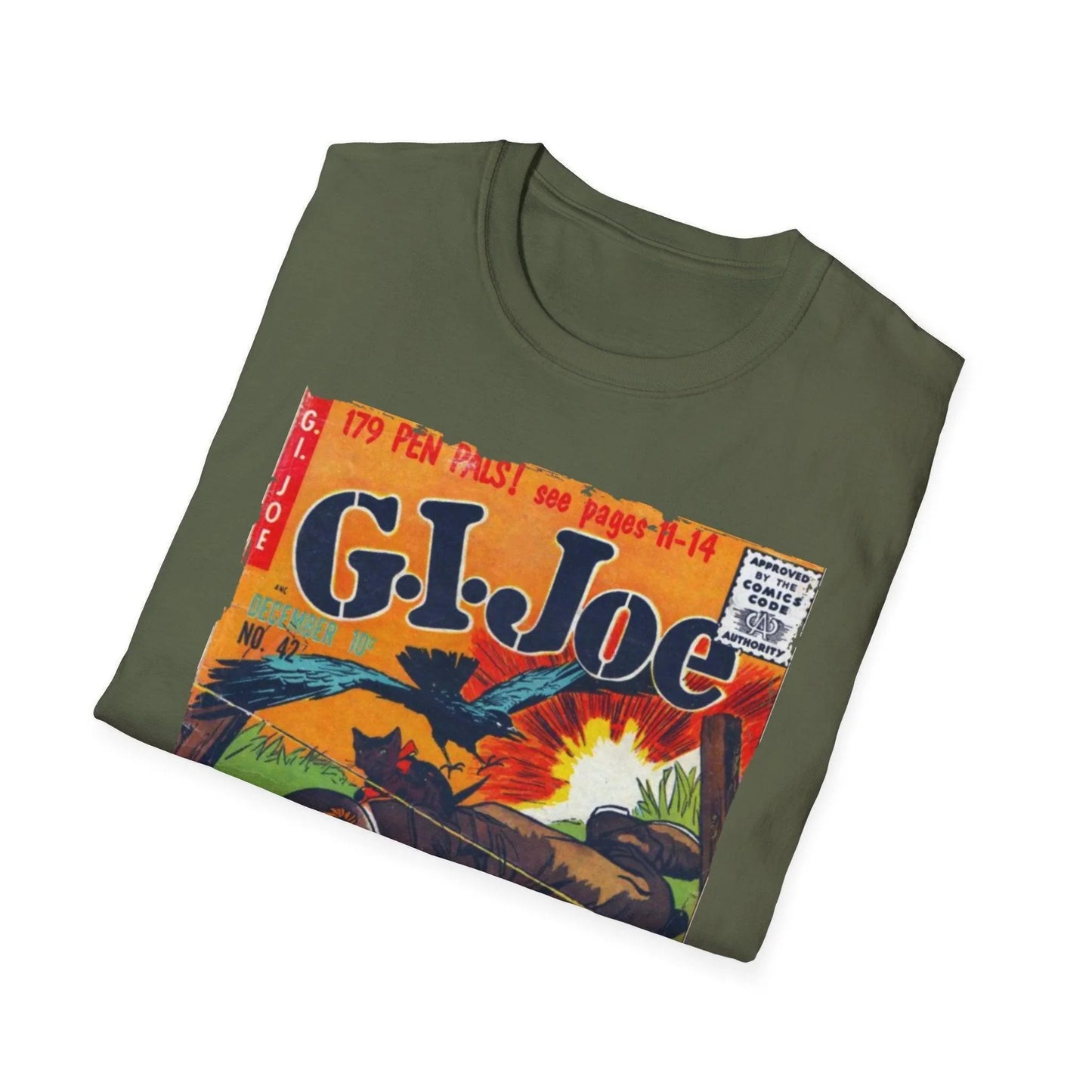 Close-up of the G.I. Joe No.42 softstyle T-shirt's navy fabric showing subtle heather texture and neatly stitched crew