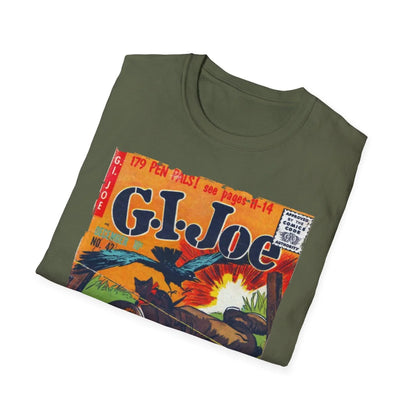 Close-up of the G.I. Joe No.42 softstyle T-shirt's navy fabric showing subtle heather texture and neatly stitched crew