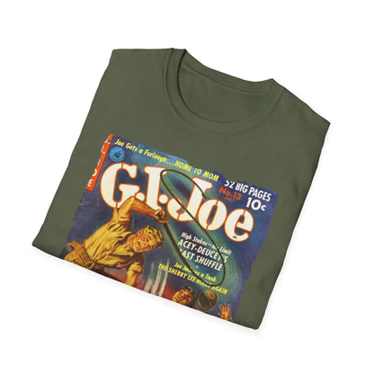 Close-up of the G.I. Joe No.13 July unisex softstyle T-shirt's navy fabric, showcasing the ribbed crew neckline and smooth