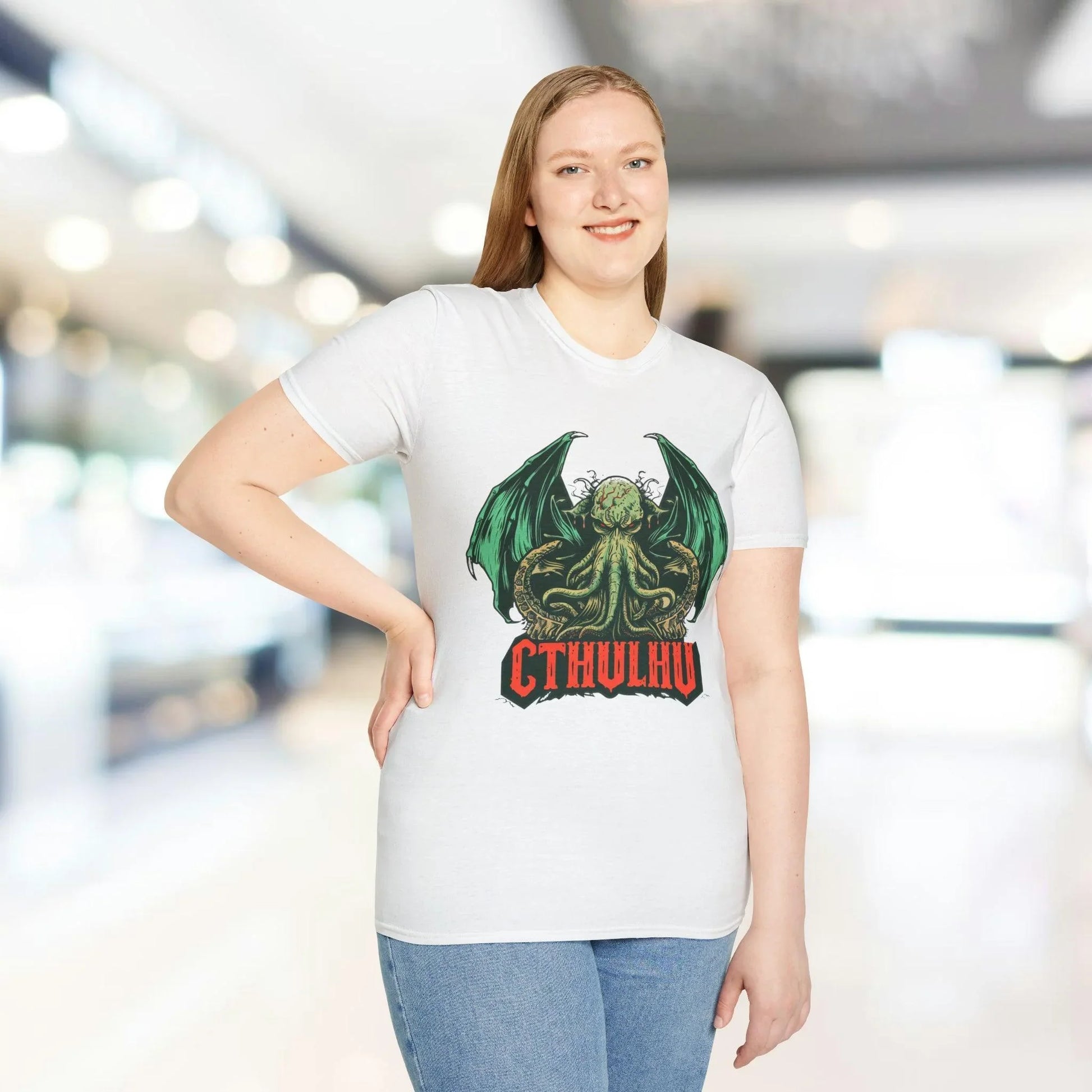 Close-up of the Cthulhu T-shirt's relaxed fit neckline and the vibrant teal fabric emphasizing soft, breathable cotton