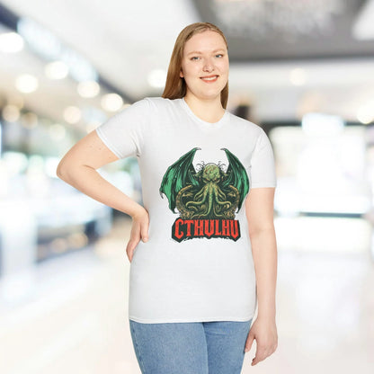 Close-up of the Cthulhu T-shirt's relaxed fit neckline and the vibrant teal fabric emphasizing soft, breathable cotton
