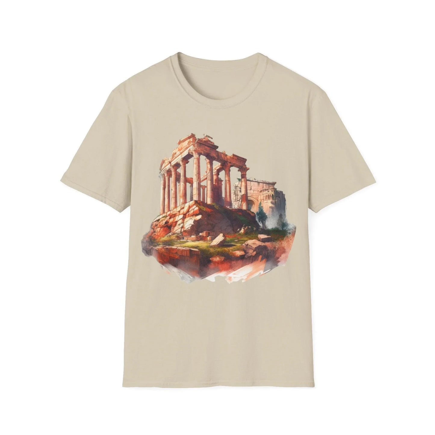 Close-up of the unisex softstyle T-shirt's sleeve showing heather gray fabric and smooth stitching detail from a slightly