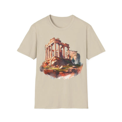 Close-up of the unisex softstyle T-shirt's sleeve showing heather gray fabric and smooth stitching detail from a slightly