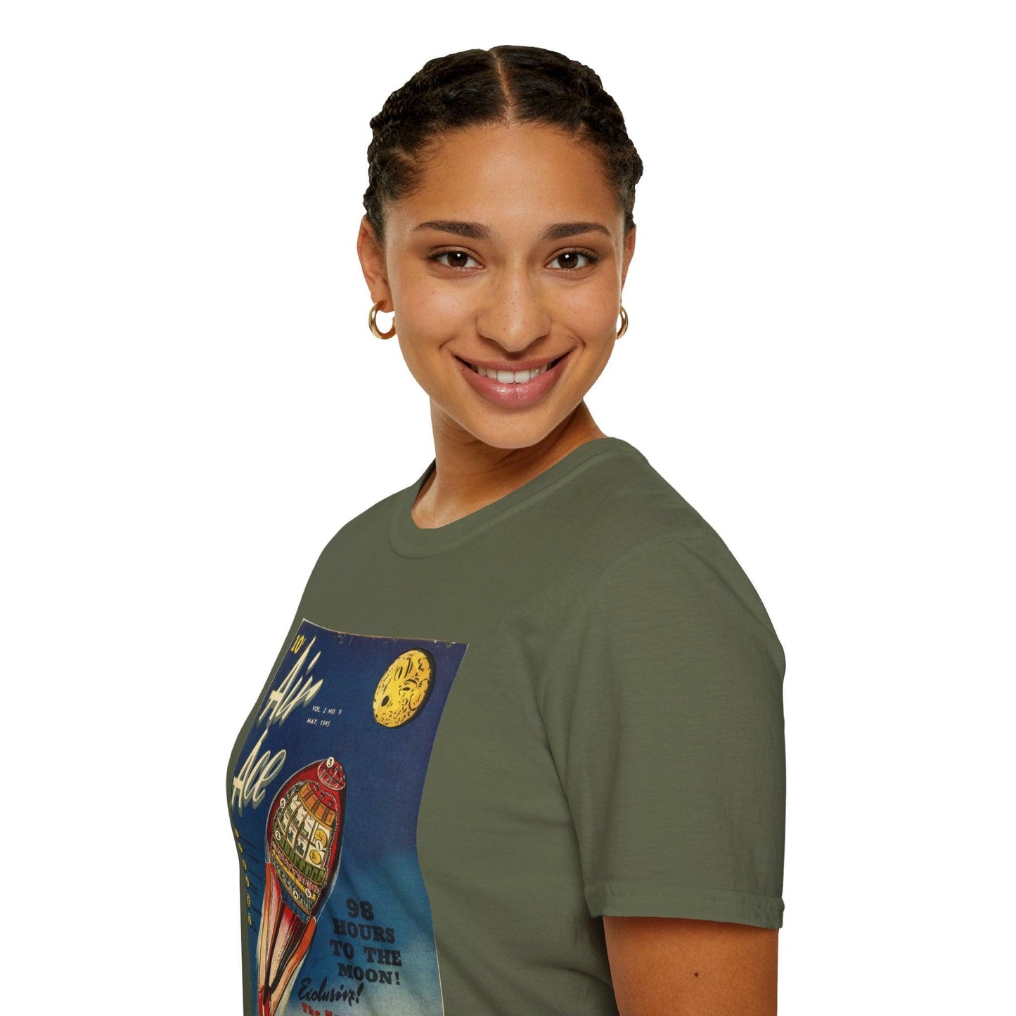 Close-up of the Air Ace Vol 2 No 9 unisex softstyle T-shirt fabric showing smooth black cotton texture and subtle stitching