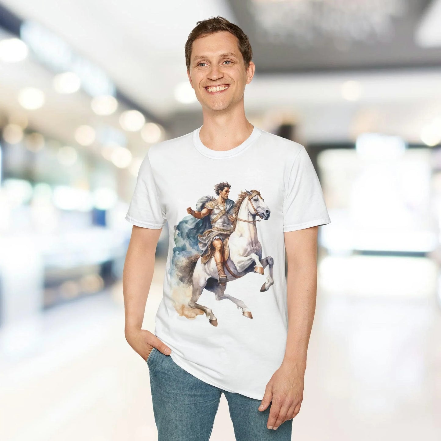 Close-up of the vintage-inspired distressed print and textured fabric weave on the chest of the relaxed-fit black unisex