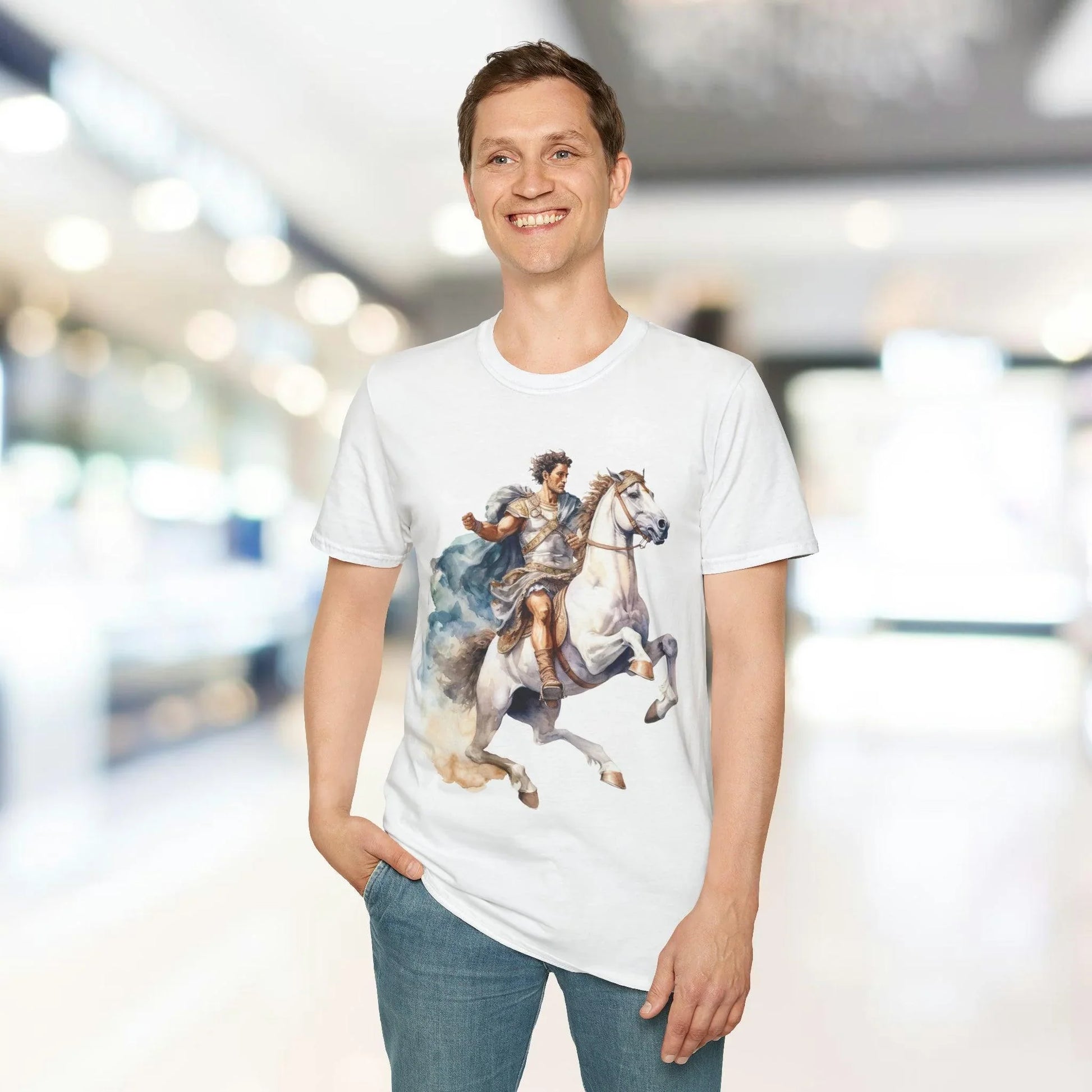 Close-up of the vintage-inspired distressed print and textured fabric weave on the chest of the relaxed-fit black unisex