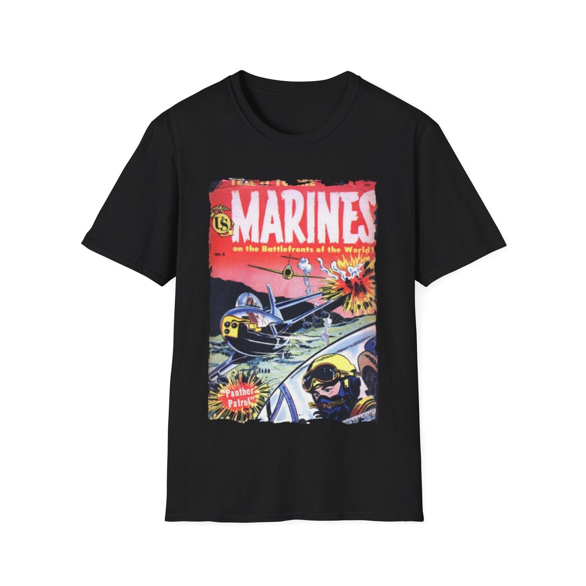 Black t-shirt with a colorful graphic design featuring the word 'MARINES' on a white background