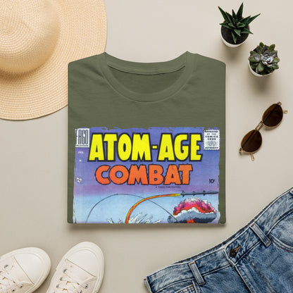 Close-up of the Atom-Age Combat No.2 softstyle T-shirt tag and stitching on the light gray fabric with a relaxed fit and