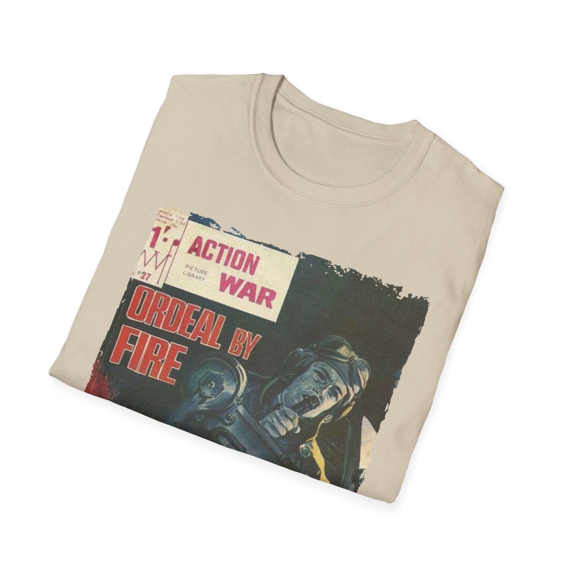 Close-up of the unisex softstyle T-shirt's neckband showing reinforced stitching and smooth fabric texture in vibrant red