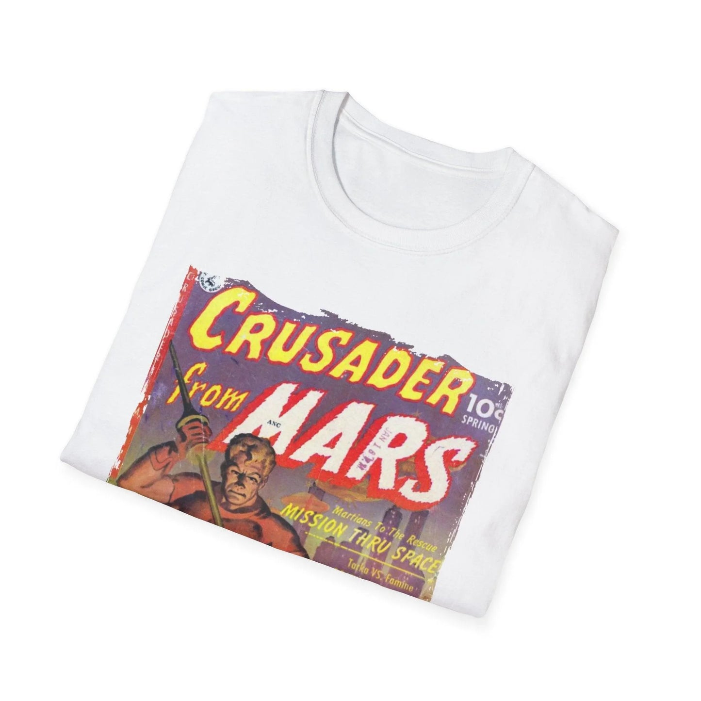 Close-up of the Crusader from Mars T-shirt's navy blue fabric highlighting the slim fit and smooth cotton-polyester blend
