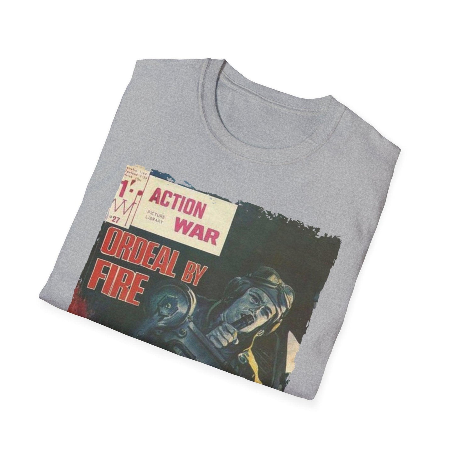 Close-up of the unisex softstyle T-shirt’s relaxed crew neckline and smooth fabric texture in vibrant black color.